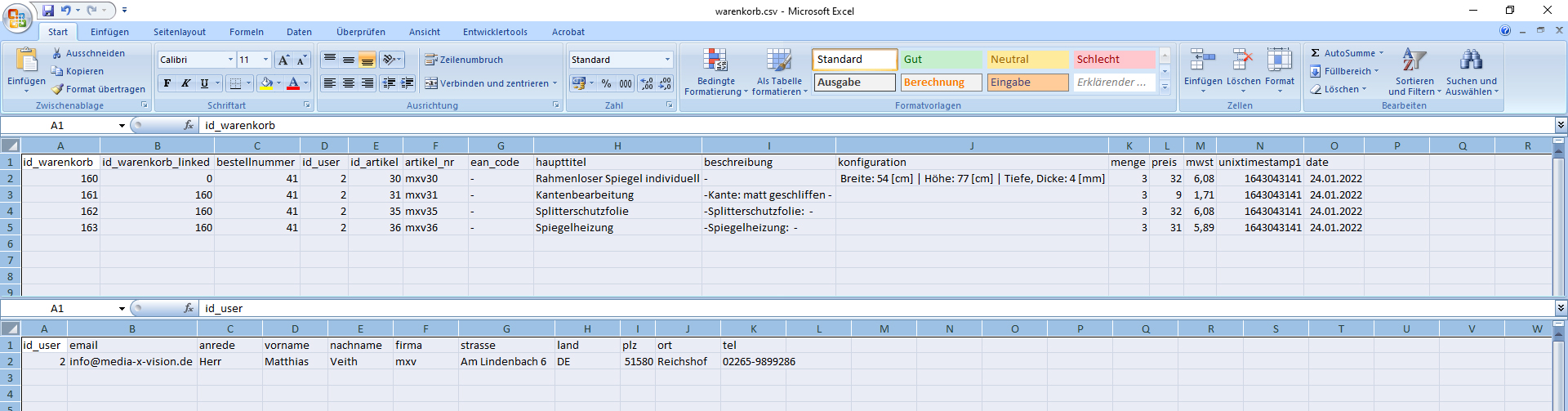 Bestellinformationen als CSV-Excel-Datei